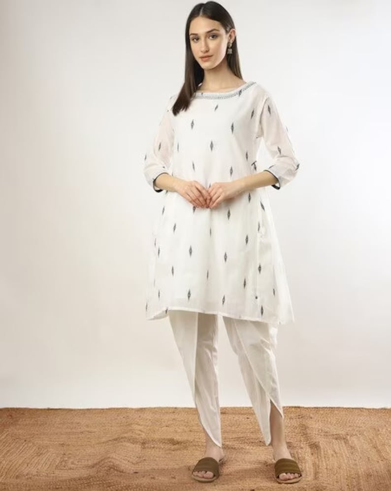 Beautiful Cotton Cream Motif Ikat Kurta with dhoti pant Set / Summer Dress/Shirt Dress/ Ethnic/